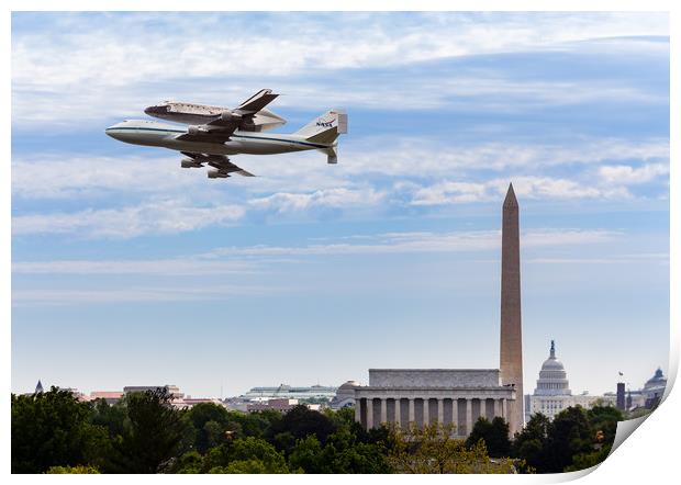 Space Shuttle Discovery flies over Washington DC Print by Steve Heap