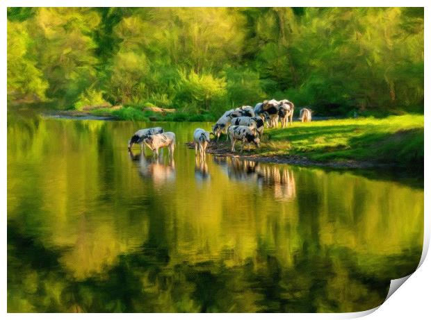 Digital art of cows in River Dee outside Llangolle Print by Steve Heap