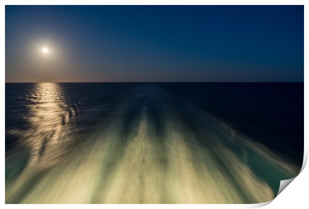 Moon over the wake of cruise ship travelling at speed Print by Steve Heap