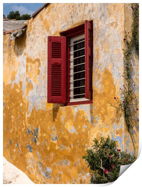 Red shutters on window in ancient district of Anafiotika in Athe Print by Steve Heap
