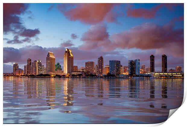 San Diego skyline at dusk reflected in sea Print by Steve Heap