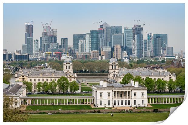 Queens House in Greenwich with Canary Wharf Print by Steve Heap