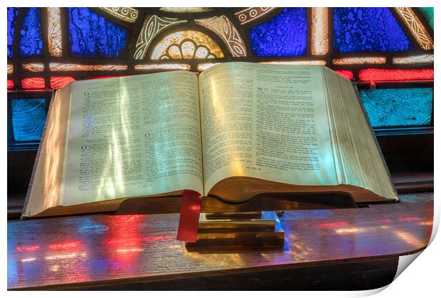 Light from stained glass window falls on open bible in american  Print by Steve Heap