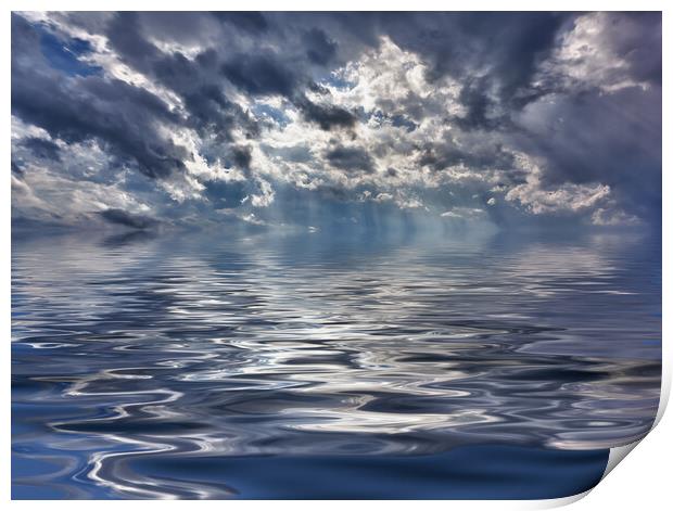 Backgrond image of stormy sky over a calm and reflective ocean Print by Steve Heap