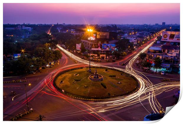 Light trails at Medical Square, Nagpur Print by Indranil Bhattacharjee