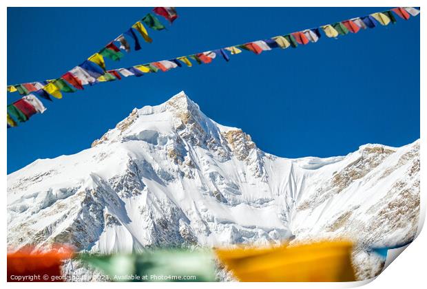 Manaslu and prayer flags Print by geoff shoults