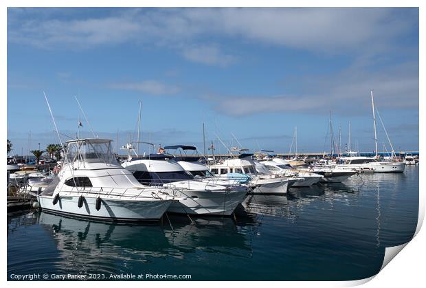 Boats and yachts in a harbour in Tenerife Print by Gary Parker