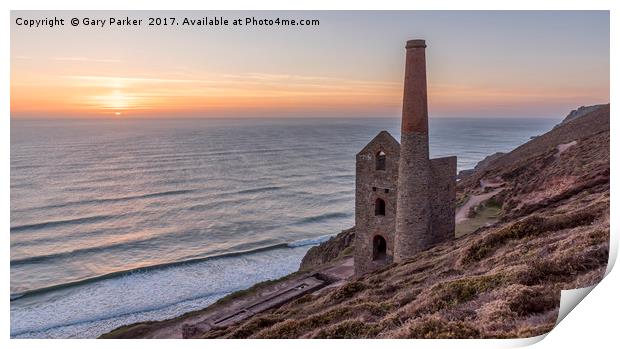 Cornish tin mine at sunset Print by Gary Parker