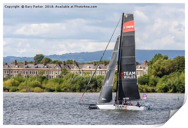 A Team Wales catamaran sails in Cardiff Bay, Wales Print by Gary Parker