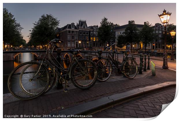 Amsterdam canal and bridge, at dusk.  Print by Gary Parker