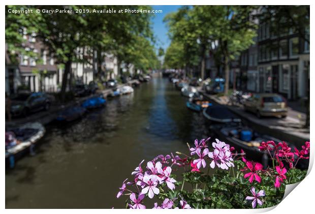 Summer flowers overlooking a canal in Amsterdam Print by Gary Parker