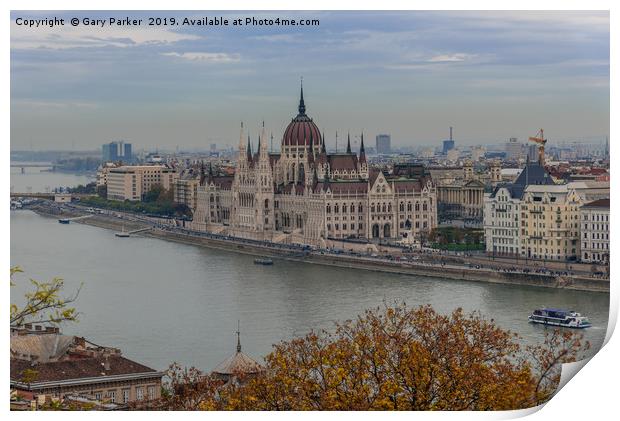Budapest Parliament building on the river Danube Print by Gary Parker
