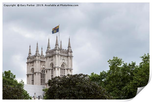 English cathedral tower above green foliage Print by Gary Parker