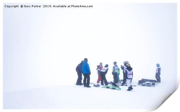 Snowboarders in the Fog, Meribel France Print by Gary Parker