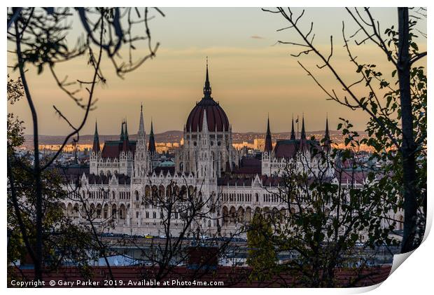 Budapest Parliament, Hungary, setting sun Print by Gary Parker