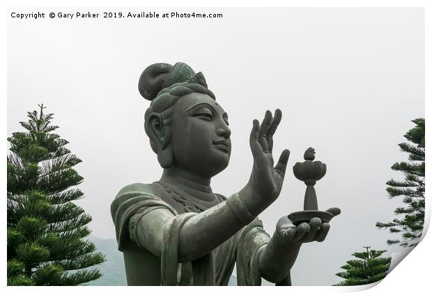 Buddhistic statue making offerings to Buddha Print by Gary Parker