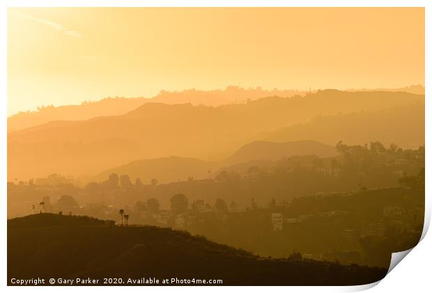Sunset over the Hollywood Hills, Los Angeles.  Print by Gary Parker