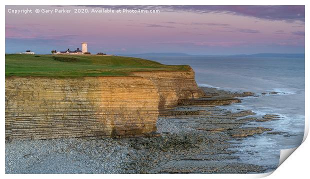 Nash Point lighthouse, south Wales, at sunset. Print by Gary Parker