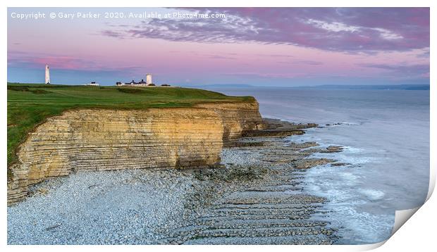 Nash Point lighthouse, south Wales, at sunset.  Print by Gary Parker