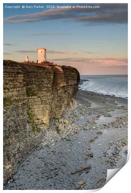 Nash Point lighthouse, south Wales, at sunset. Print by Gary Parker