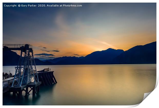 Pier overlooking Porteau Cove, BC, Canada, sunset Print by Gary Parker