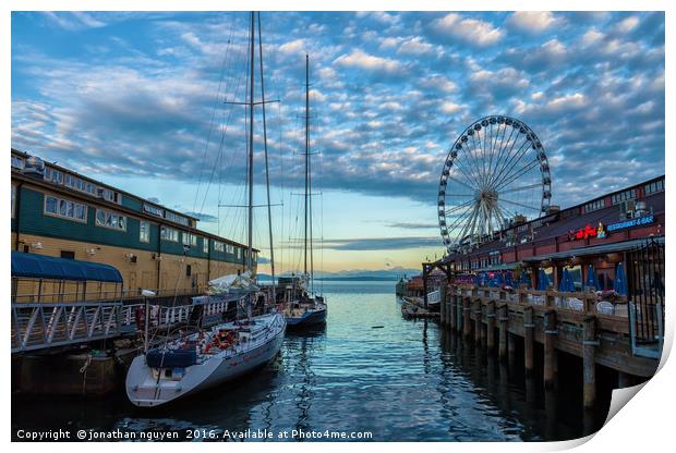 Morning on Seattle Waterfront Print by jonathan nguyen