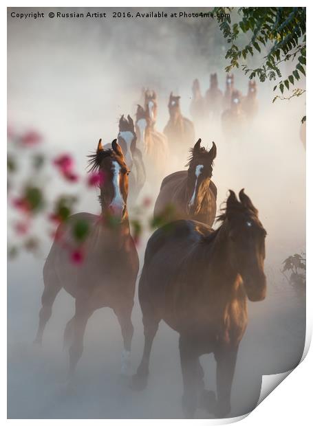 Horse Herd Coming Home Print by Russian Artist 