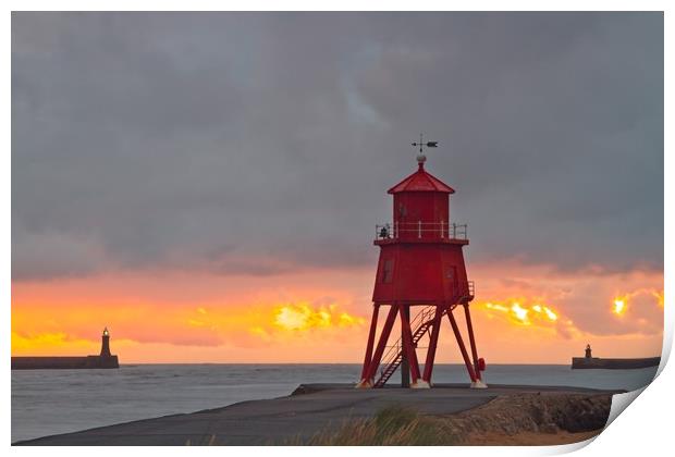 Groyne Lighthouse Sunrise, South Shields Print by Rob Cole