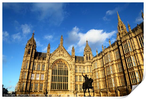 Richard I statue and Houses of Parliament London Print by James Brunker
