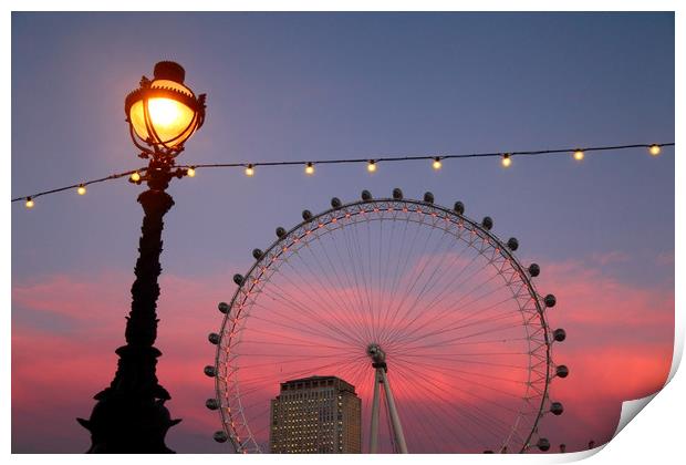Street Lamp and Millennium Wheel at Sunset Print by James Brunker