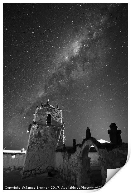 Milky Way and Parinacota Church Monochrome Chile Print by James Brunker