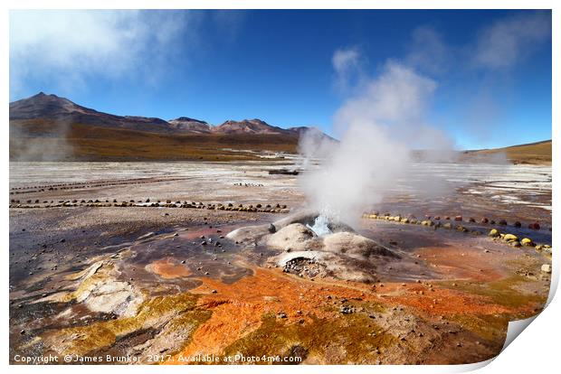 Mineral Deposits and Geyser at El Tatio Chile Print by James Brunker