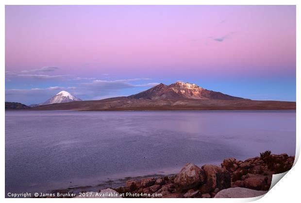 Sunset Over Lake Chungara and Sajama Volcano Chile Print by James Brunker