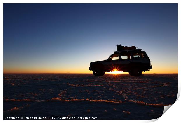 Driving Across the Salar de Uyuni at Dawn Bolivia Print by James Brunker