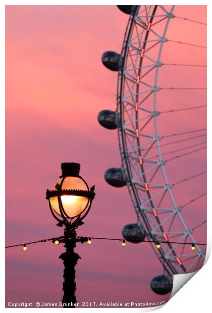 London Eye and Old Fashioned Street Lamp at Sunset Print by James Brunker