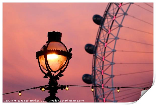Ornate Street Light and Millennium Wheel at Sunset Print by James Brunker