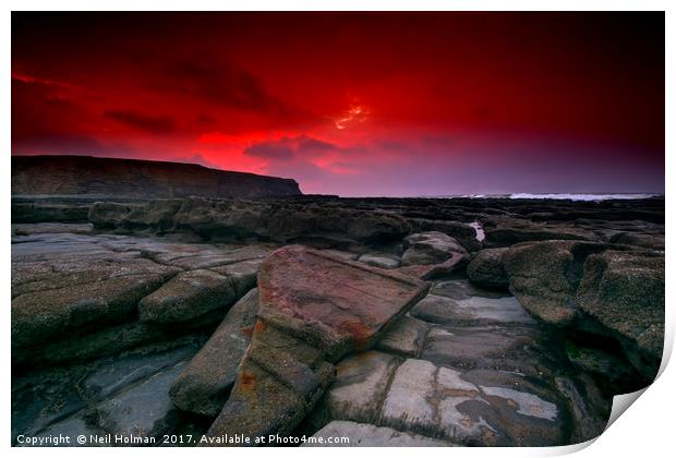 Red sky over Nash Point Print by Neil Holman