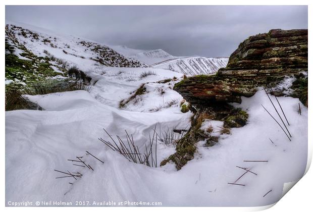 Snow covered Brecon Beacons Print by Neil Holman