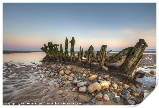 Wreck of the Altmark on Kenfig Beach Print by Neil Holman