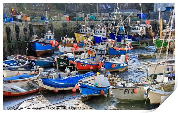 Mevagissey Harbour, Cornwall at  Low Tide Print by Elvia Worrall