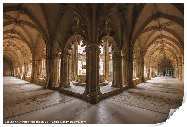 Archway of an old monastery. Cloisters of Batalha Monastery Print by nuno valadas