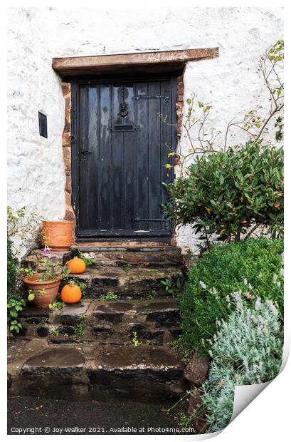 Old cottage door with pumpkins outside, Minehead, Somerset, UK Print by Joy Walker