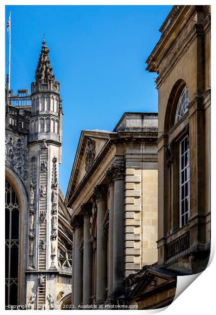 The amazing architecture of Bath Abbey, showing the ladders with climbing angels Print by Joy Walker