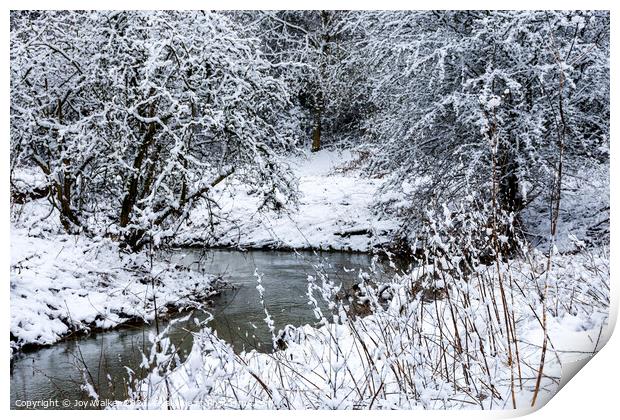 A river scene in the winter snow Print by Joy Walker
