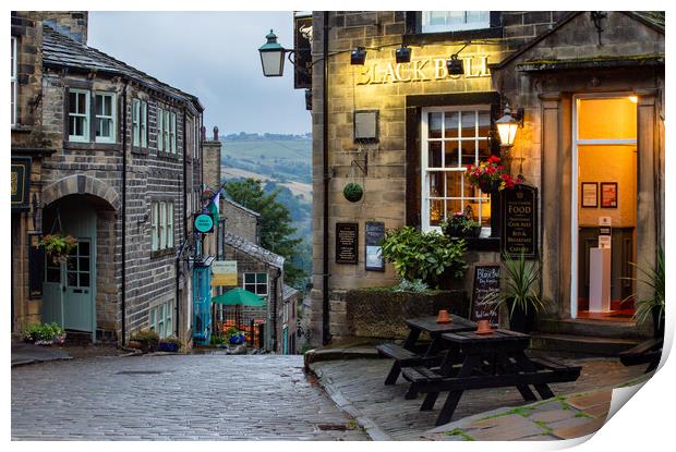 The Black Bull Public House at the top of Main Street, Haworth, Yorkshire.  Print by Ros Crosland