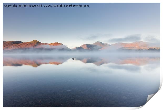 Misty Morning at Derwentwater, Cat Bells at Dawn Print by Phil MacDonald