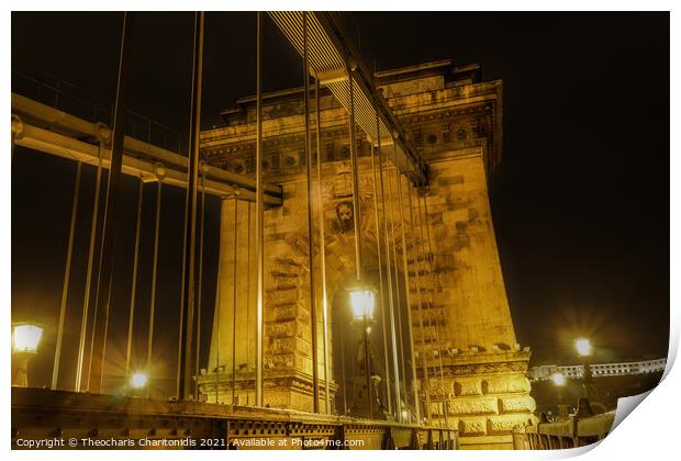 Budapest, Hungary night view detail of Szechenyi Chain bridge. Print by Theocharis Charitonidis