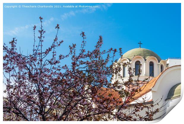 Cherry blossom tree against an Orthodox church. Print by Theocharis Charitonidis