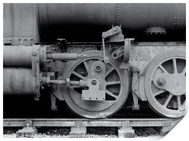wheels on an old rusting steam locomotive  Print by Philip Openshaw