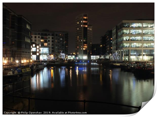 clarence dock in leeds at night  Print by Philip Openshaw